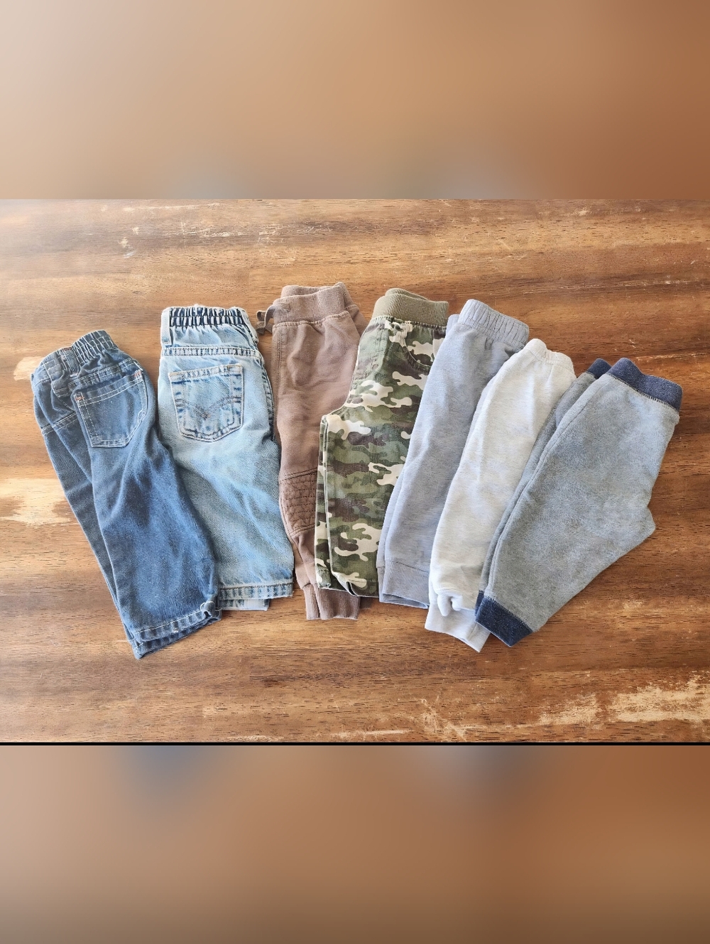 12m Boys Elastic Waist Jogger Pants Bundle - Gray, Camo, Tan, Denim
